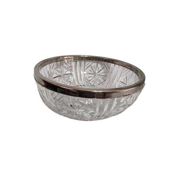 Pressed Glass Bowl With Silver-Plated Rim Starburst Pattern Vintage Elegant Deco - Picture 1 of 8